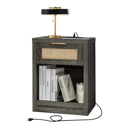 OAKHAM Rattan Nightstand with Charging Station, Bedside Table with Type-C/USB Port, Boho Side Tables End Table for Living Room, Bedroom, Midnight Oak