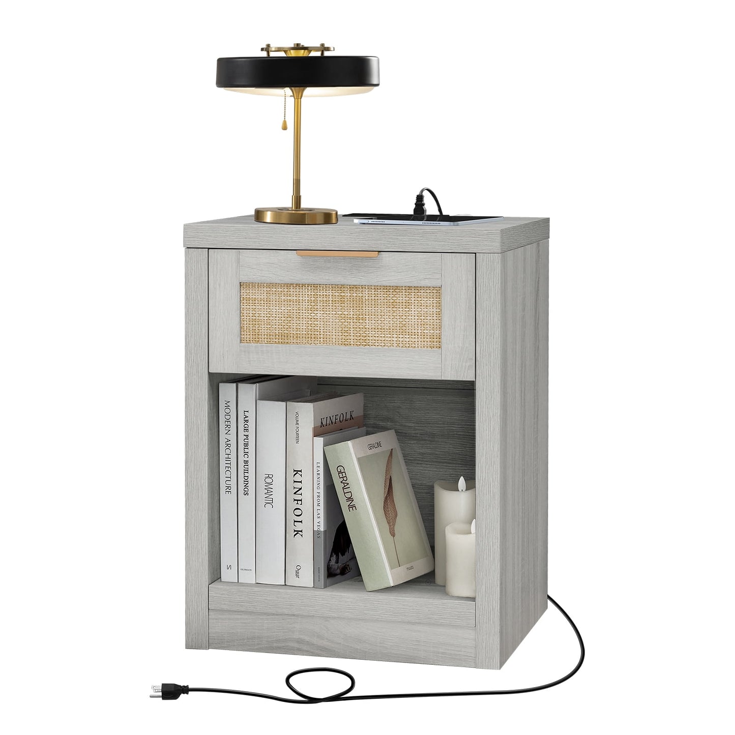 OAKHAM Rattan Nightstand with Charging Station, Bedside Table with Type-C/USB Port, Boho Side Tables End Table for Living Room, Bedroom, Pale Oak