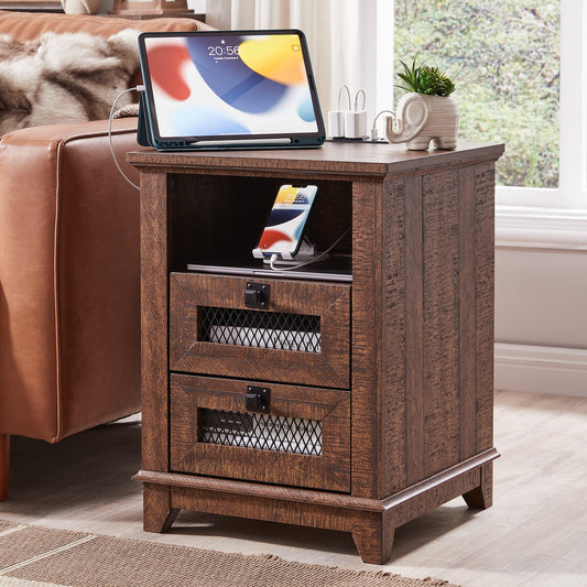 OKD 2-Drawer Farmhouse Wooden Nightstand with USB Charging Station for Living Room, Modern Square End Table, Reclaimed Barnwood
