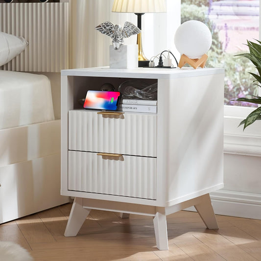 OKD 2-Drawer Mid-Century Nightstand with Charging Station, End Table for Living Room Bedroom, Fluted Panel, Solid White