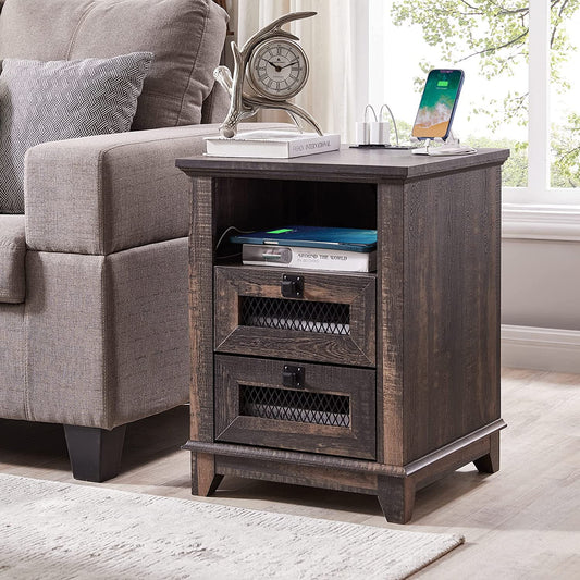OKD 2-Drawer Wooden Nightstand with Charging Station for Living Room, Modern Square End Table, Dark Rustic Oak