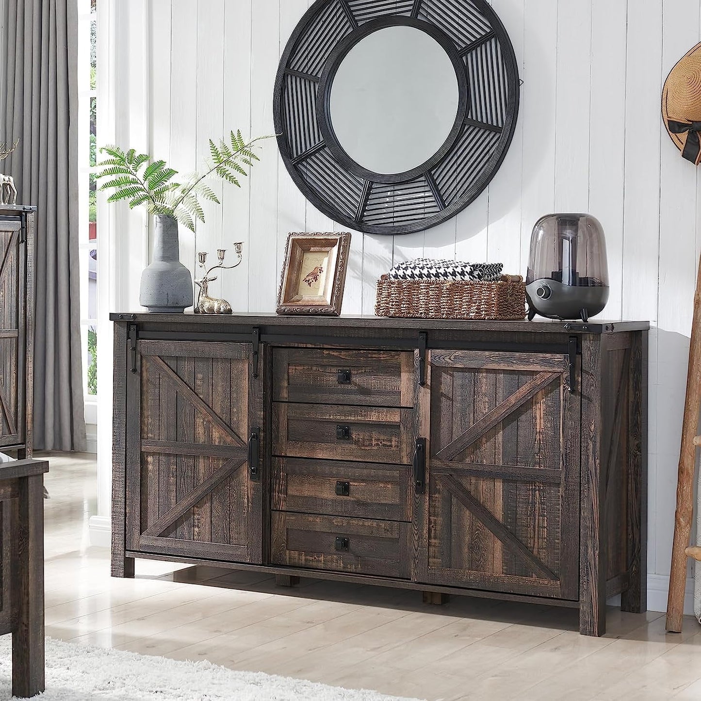 OKD 60in Farmhouse Dresser 4 Drawer Modern Storage Cabinet with Sliding Barn Door for Bedroom, Chest of Drawers Wood Organizer TV Stand for Living Room, Dark Rustic Oak