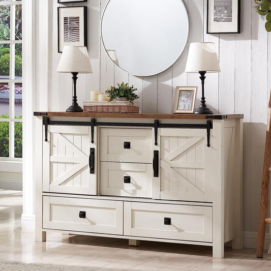 OKD 48in Farmhouse Rustic 4-Drawer Dresser with Barn Door and Storage Shelves