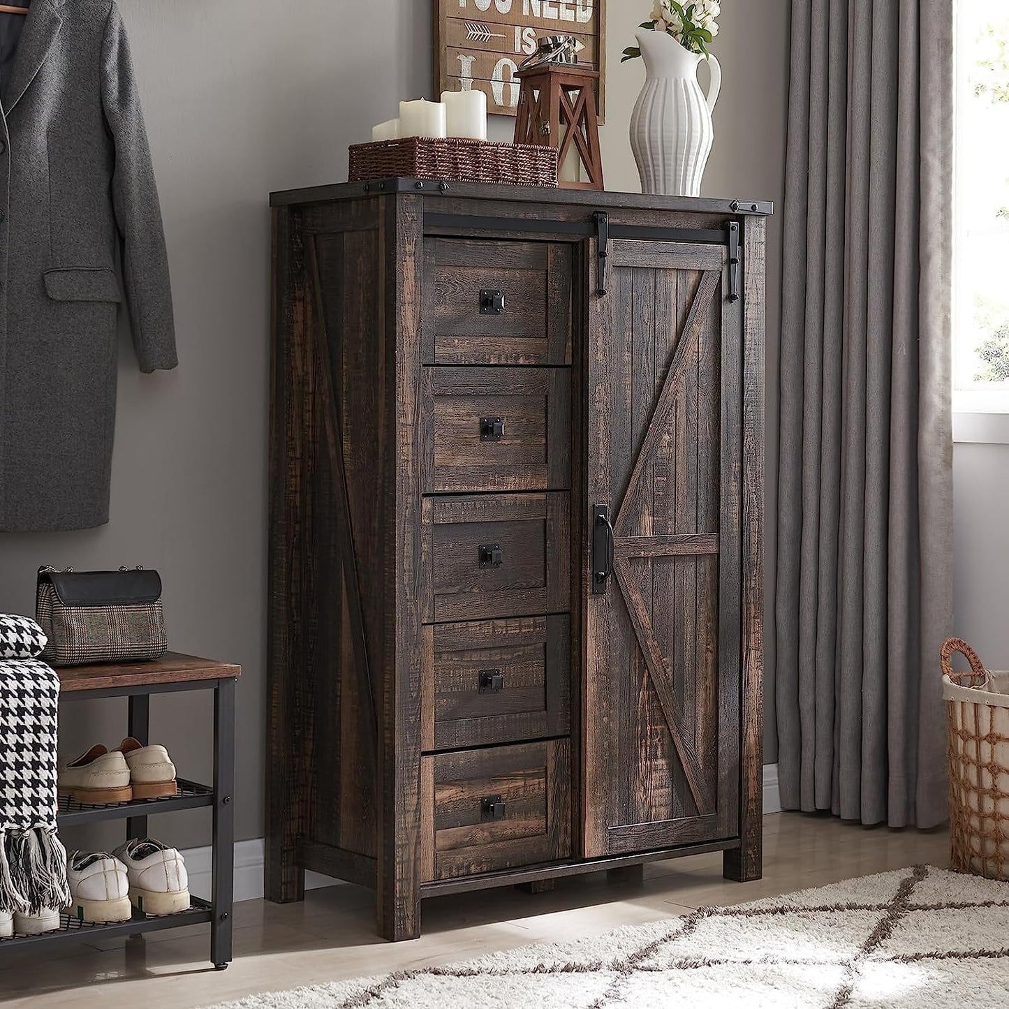 Extra Savings! OKD Modern Farmhouse 5-Drawer Dresser with Barn Door, Adjustable Storage Cabinet for Bedroom Living Room, Dark Rustic Oak - Walmart.com