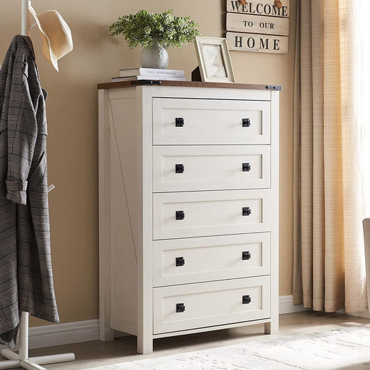 OKD 5 Drawer Farmhouse Dresser Chest for Living Room & Bedroom, Vertical Storage Cabinet, Rustic Wood, off White