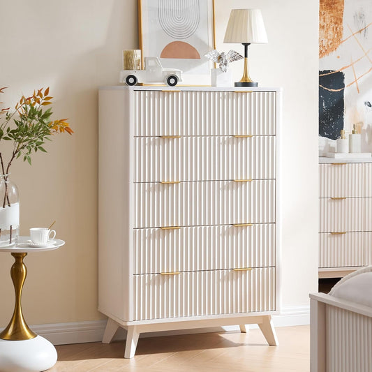 OKD 5 Drawers White Dresser with Faux Marble Top, Modern Storage Cabinet for Bedroom, Chest of Drawers Wood Organizer for Living Room