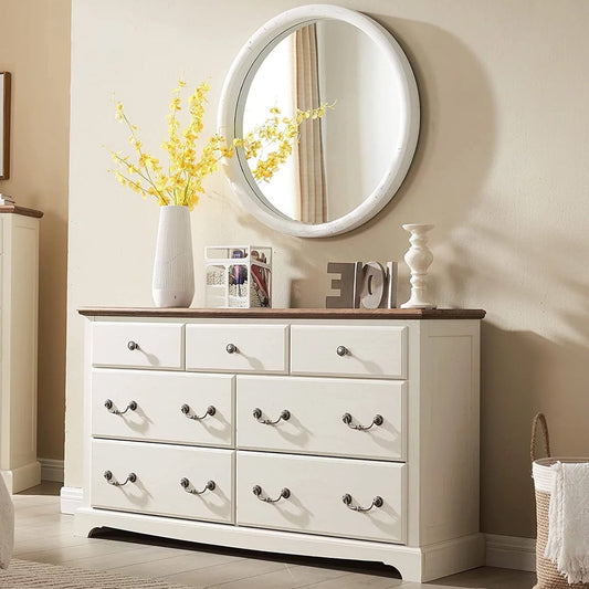 OKD 7 Drawers Dresser for Bedroom, Wide Chests Of Drawers Storage Dresser Chests, Wood Rustic Storage Closet, Antique White