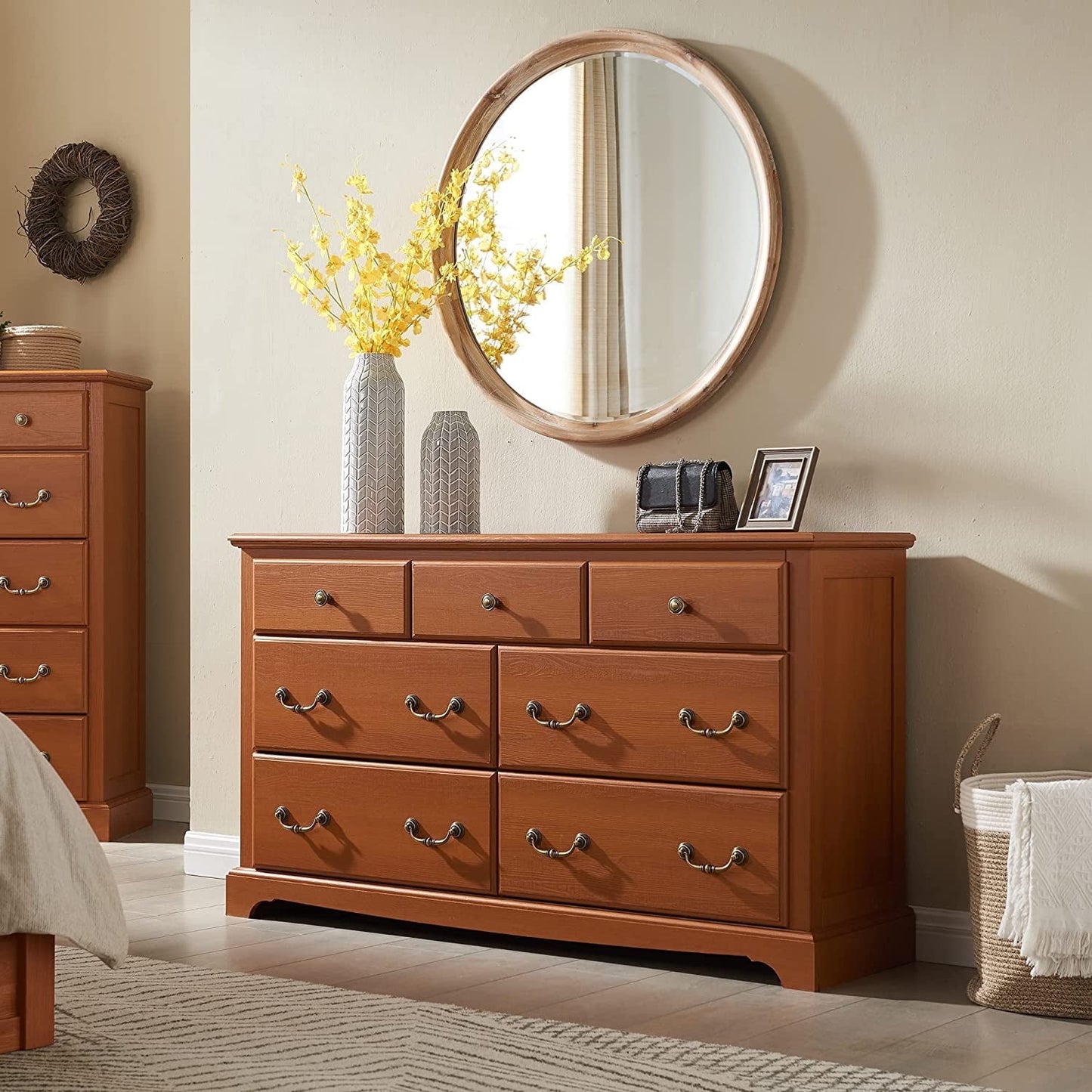 OKD 7 Drawers Dresser for Bedroom, Wide Chests of Drawers Storage Dresser Chests, Wood Rustic Storage Closet, Cherry