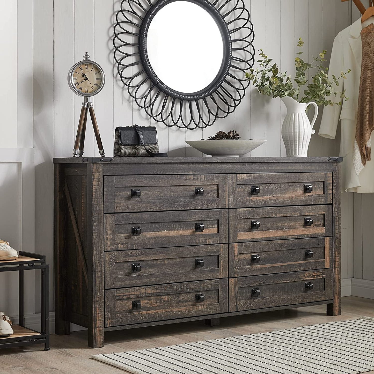 Farmhouse Style OKD 8-Drawer Wooden Dresser Chest, Rustic Tall Storage Cabinet for Bedroom, Dark Rustic Oak