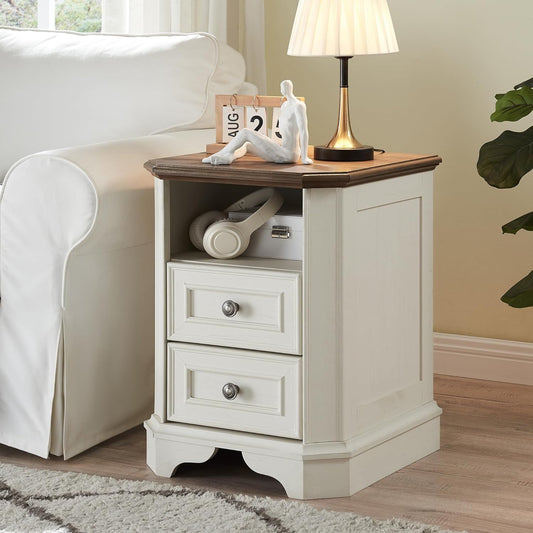 OKD Farmhouse Nightstand with Charging Station, End Table with 2 Drawers for Living Room, Side Table, Vintage White