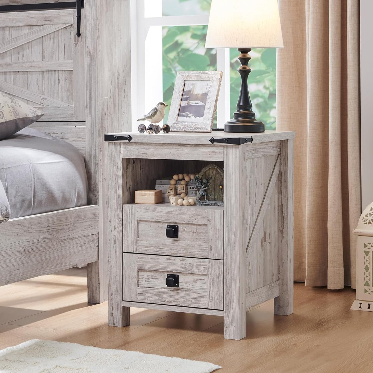 OKD Farmhouse 2-Drawer Nightstand with Charging Station, Antique Brush White