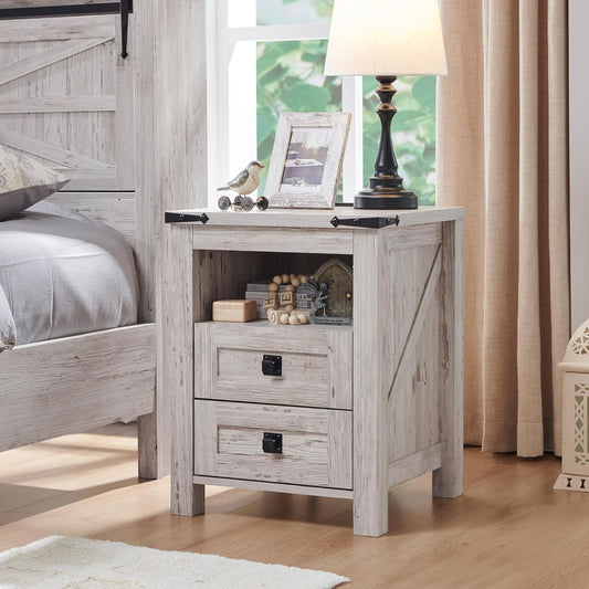 OKD Farmhouse 2-Drawer Nightstand with Charging Station, Antique Brush White