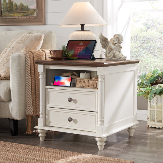 OKD Farmhouse 24in End Side Table with 2 Drawers Nightstand with Charging Station Rustic Wood Square for Living Room, Bedroom, Antique White