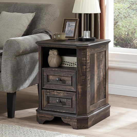 OKD Farmhouse Nightstand with Charging Station, End Table with 2 Drawers for Living Room, Side Table, Dark Rustic Oak