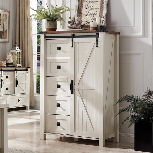 Extra Savings! OKD OKD Modern Farmhouse 5-Drawer Dresser with Barn Door, Adjustable Storage Cabinet for Bedroom Living Room, White - Walmart.com