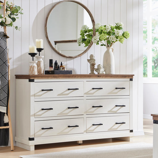 OKD Farmhouse 6 Drawers Dresser for Bedroom, Large Chest of Drawers with Thick Plank Styling, Wood Rustic Closet Dresser for Bedroom, Living Room, Antique White