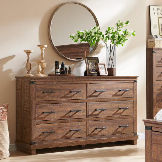 OKD Farmhouse 6 Drawers Dresser for Bedroom, Wood Large Chest of Drawers with Thick Plank Styling, Rustic Closet Dresser for Bedroom, Living Room, Reclaimed Barnwood Color