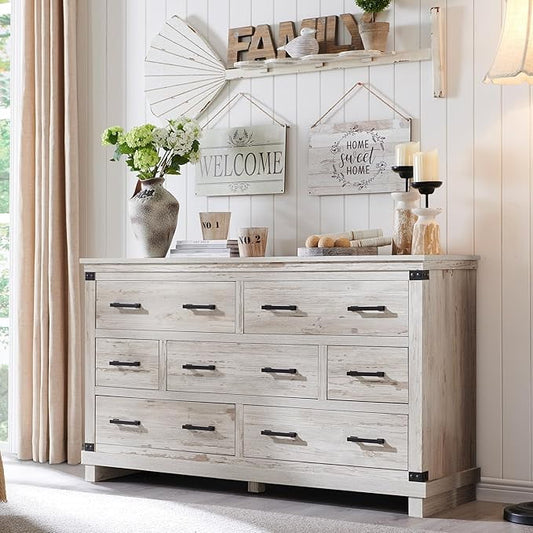 OKD Farmhouse 7 Drawers Dresser for Bedroom, Wood Large Chest of Drawers with Thick Plank Styling, Rustic Closet Dresser for Bedroom, Living Room, Antique Brush White