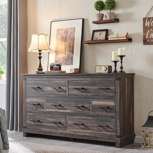 OKD Farmhouse 7 Drawers Dresser for Bedroom, Wood Large Chest of Drawers with Thick Plank Styling, Rustic Closet Dresser for Bedroom, Living Room, Dark Rustic Oak
