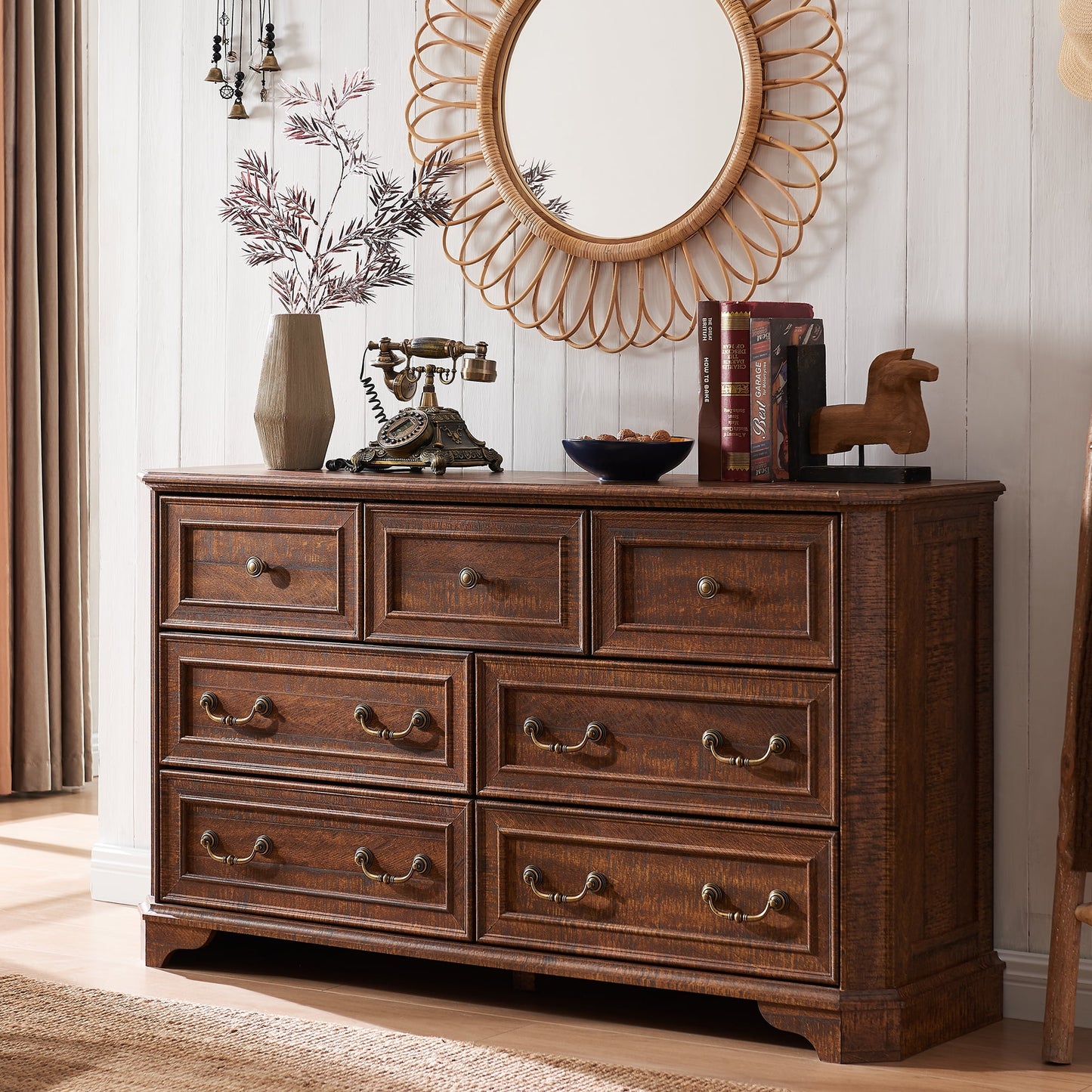 OKD Farmhouse 7 Drawers Dresser Chests for Bedroom, Wood Rustic Tall Chest of Drawers, Dressers Organizer for Living Room, Brown