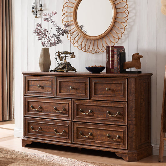 OKD Farmhouse 7 Drawers Dresser Chests for Bedroom, Wood Rustic Tall Chest of Drawers, Dressers Organizer for Living Room, Brown