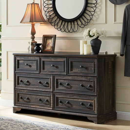 OKD Farmhouse 7 Drawers Dresser Chests for Bedroom, Wood Rustic Tall Chest of Drawers, Organizer for Living Room,Dark Rustic Oak