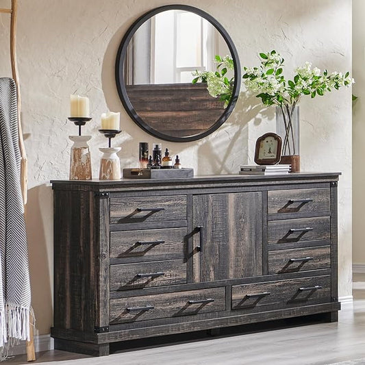 OKD Farmhouse 8 Drawer Dresser for Bedroom with Adjustable Shelf, Long Chest of Drawers with Thick Plank Styling, Wood Rustic Large Closet Dresser for Bedroom, Living Room, Dark Rustic Oak