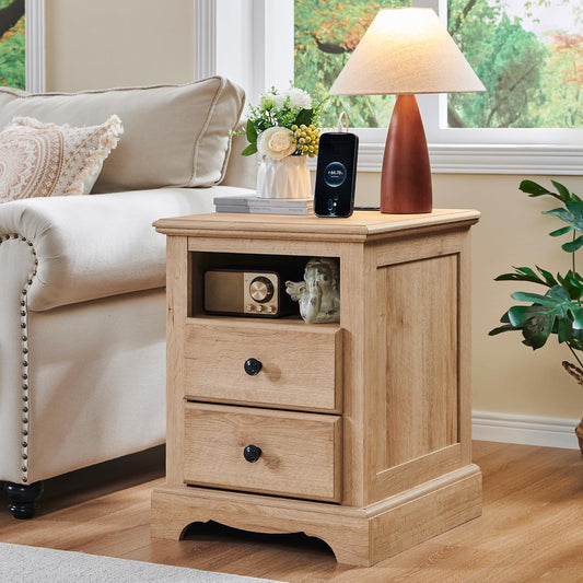 OKD Nightstand with Charging Station, End Table with 2 Drawers, Wood Rustic Bedside Tables with Open Storage Shelf£¬Natural Oak
