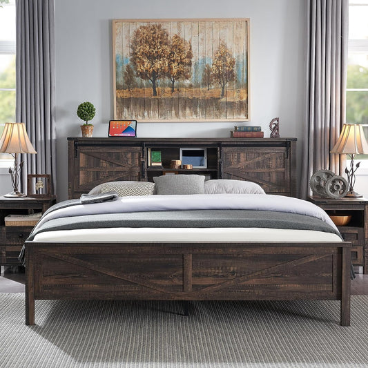 OKD Farmhouse Full Bed Frame, Wood Platform Bed with Bookcase Storage Headboard and Charging Station, No Box Spring Needed, Dark Rustic Oak
