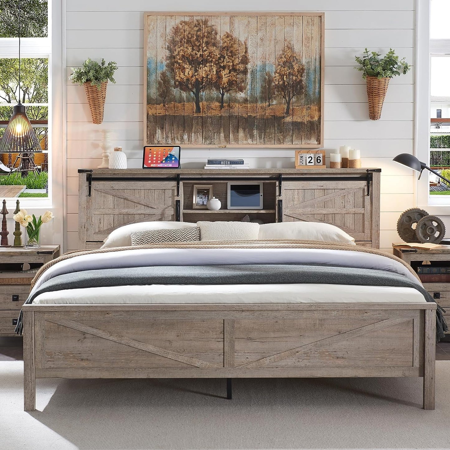 OKD Farmhouse Full Bed Frame, Wood Platform Bed with Bookcase Storage Headboard and Charging Station, No Box Spring Needed, Light Rustic Oak