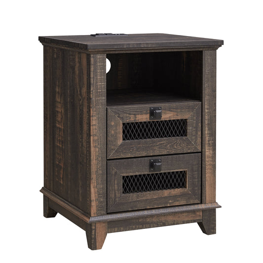 OKD Farmhouse Nightstand with Charging Station and 2 Storage Drawers, End Table Beside Table, Dark Rustic Oak