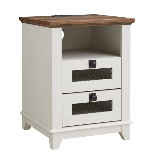OKD Farmhouse Nightstand with Charging Station and 2 Storage Drawers, End Table Beside Table for Living Room, Antique White