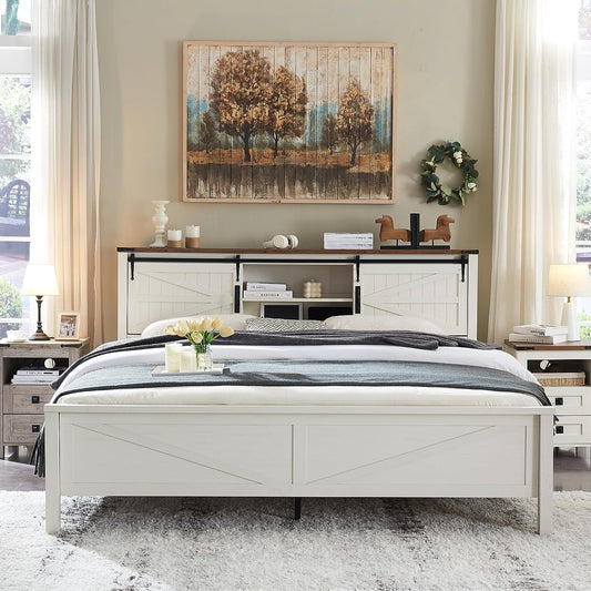 OKD Farmhouse Queen Bed Frame, Wood Platform Bed with Bookcase Storage Headboard and Charging Station, No Box Spring Needed, Anitique White
