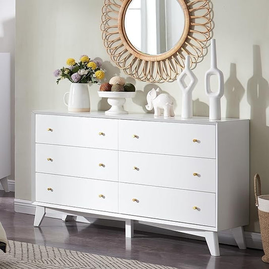 OKD Mid Centry Modern 6 Drawer Dresser for Bedroom,Living Room, Hallway, Kids Bedroom,Solid White