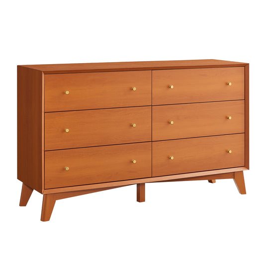 OKD Solid Modern 6-Drawer Long Dresser Chest in Cherry, Dimensions 54x16x32 inches