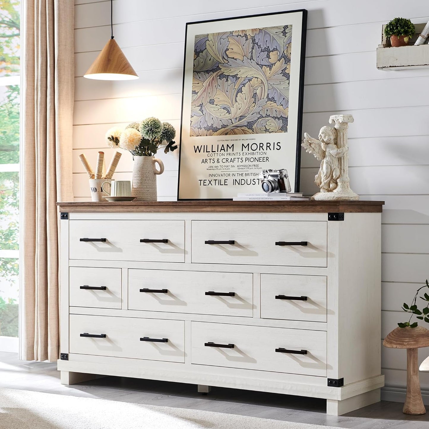 OKD 54in W Farmhouse Dresser 7 Drawers Modern Rustic Wood Chest of Drawers Closet Storage Organizers for Bedroom Living Room Hallway£¬Antique White