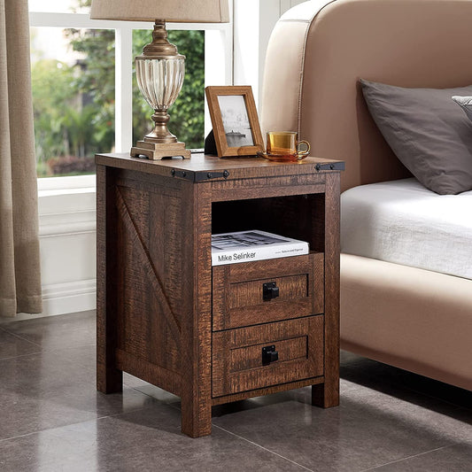 OKD Modern 2-Drawer Wooden Bedside Nightstand with Ports, End Side Table, Charging Station, Living Room Bedroom, Brown