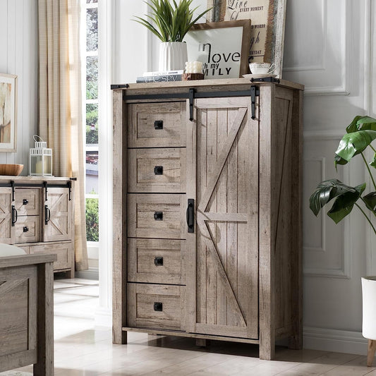 Extra Savings! OKD Farmhouse Tall 5-Drawer Dresser with Sliding Barn Door, Bedroom Storage Cabinet, Light Rustic Oak - Walmart.com