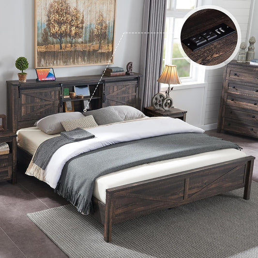 OKD Modern Farmhouse King Platform Bed with Bookcase Headboard Storage and Charging Station, No Box Spring Needed, Dark Rustic Oak