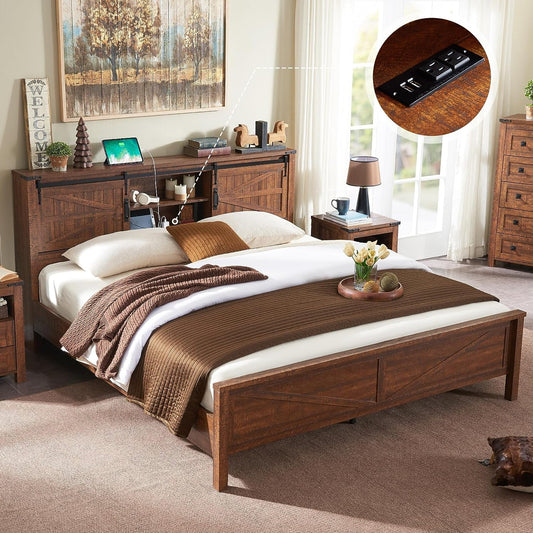 OKD Rustic King Size Bed with Bookshelf Footboard & Charging Station, No Box Spring Needed
