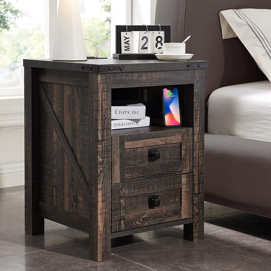 OKD Modern Farmhouse Nightstand with 2 Drawers and Charging Station, End Table Side Table for Bedroom Living Room, Dark Rustic Oak
