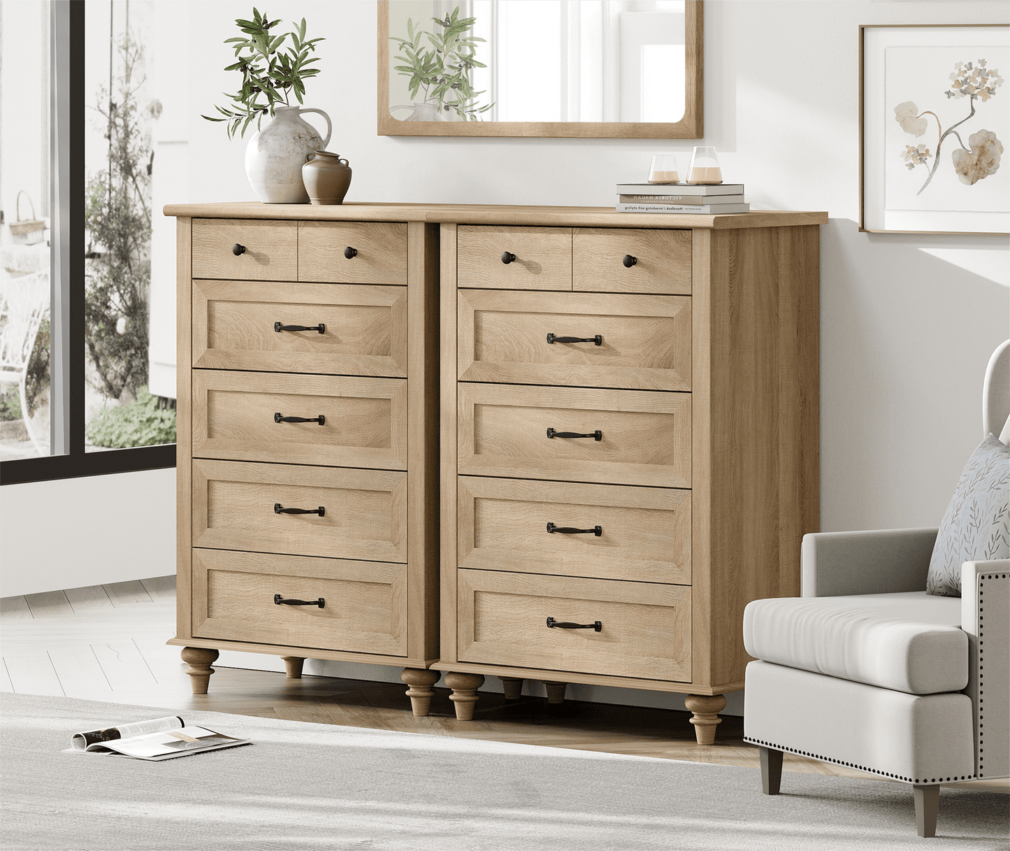 Oak Kids Dresser for Bedroom with 10 Wide Chest of Drawers, Wood Dressers for Living Room, Nursery, Hallway,White