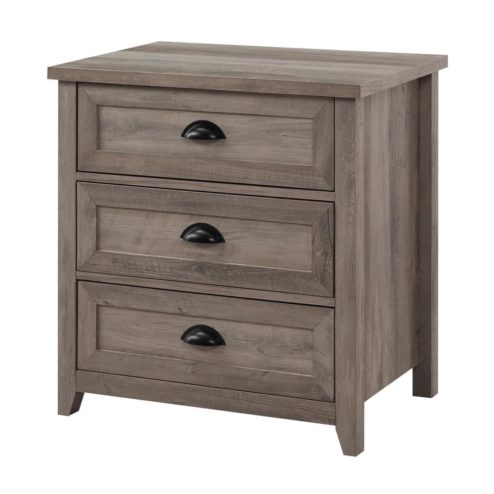 Odette Wood Nightstand, 25in 3-Drawer Cup Handle Framed in Gray Wash