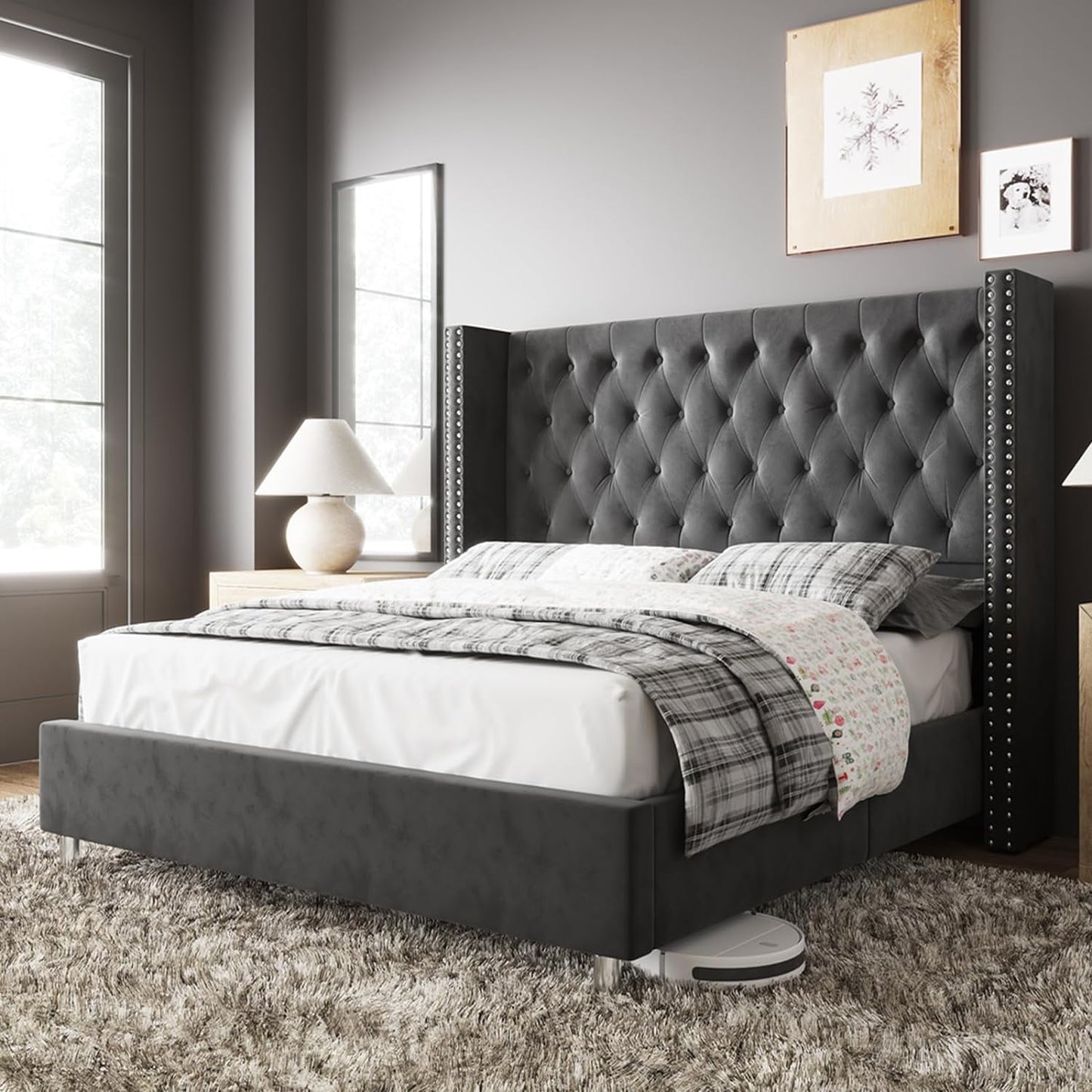 Jocisland Upholstered Bed Frame King Platform Bed Wingback Headboard Velvet Tufted Diamond Button/No Box Spring Needed/Gray