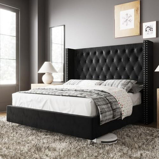 Jocisland Queen Bed Frame Upholstered Bed Wingback Headboard Velvet Tufted Diamond Button/No Box Spring Needed/Easy Assembly/Black