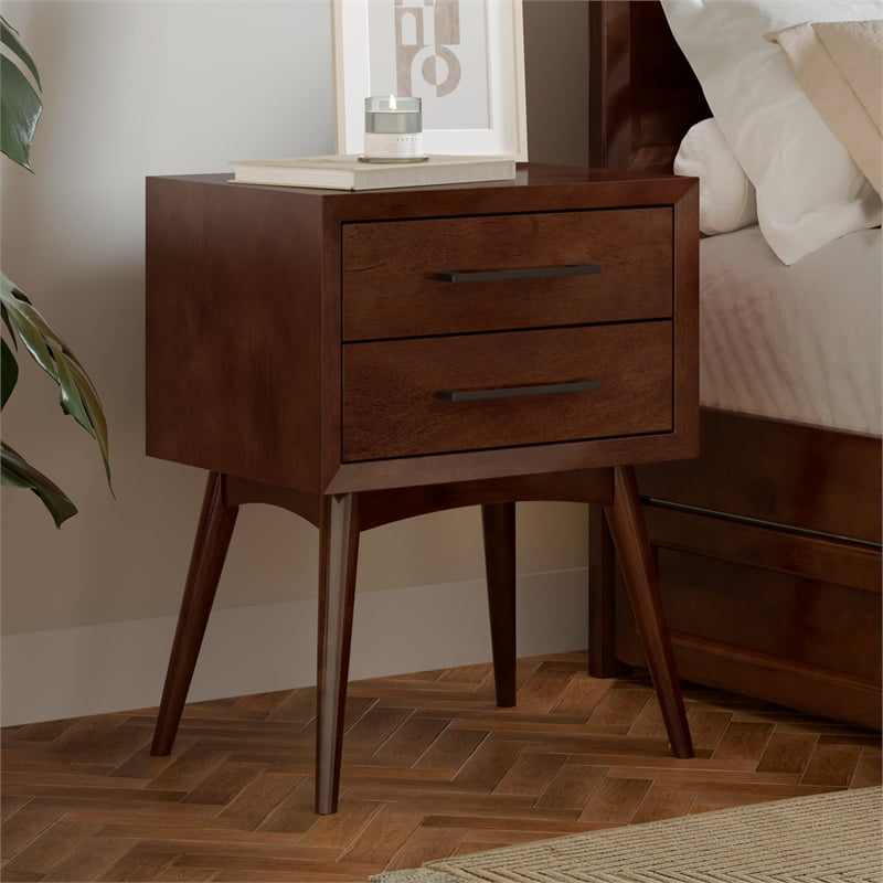 AFI Pasadena Solid Wood Mid-Century Modern Nightstand with 2 Drawers, Walnut