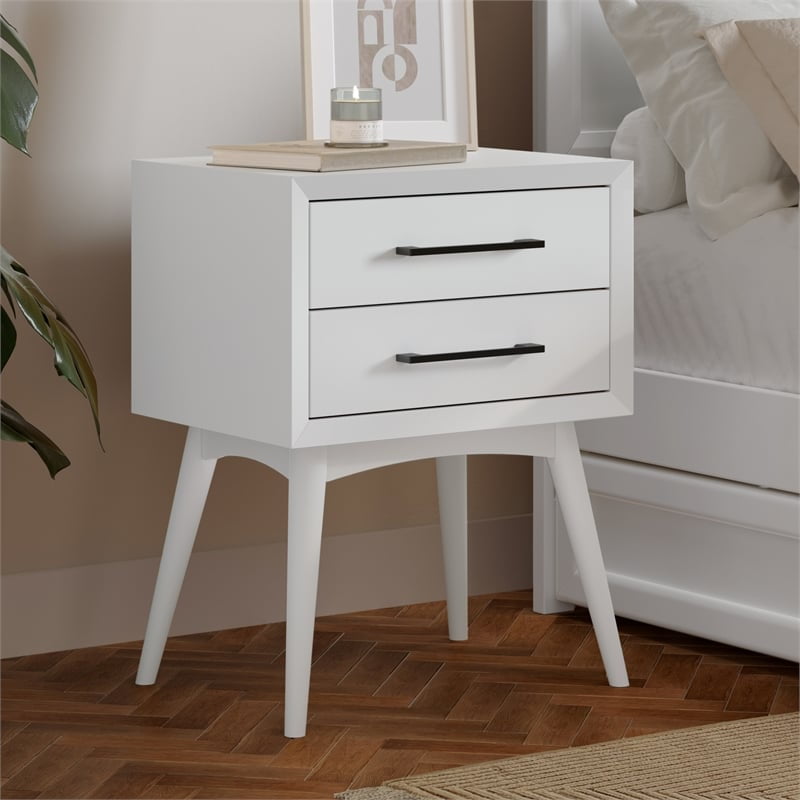 AFI Pasadena Solid Wood Mid-Century Modern Nightstand with 2 Drawers, White