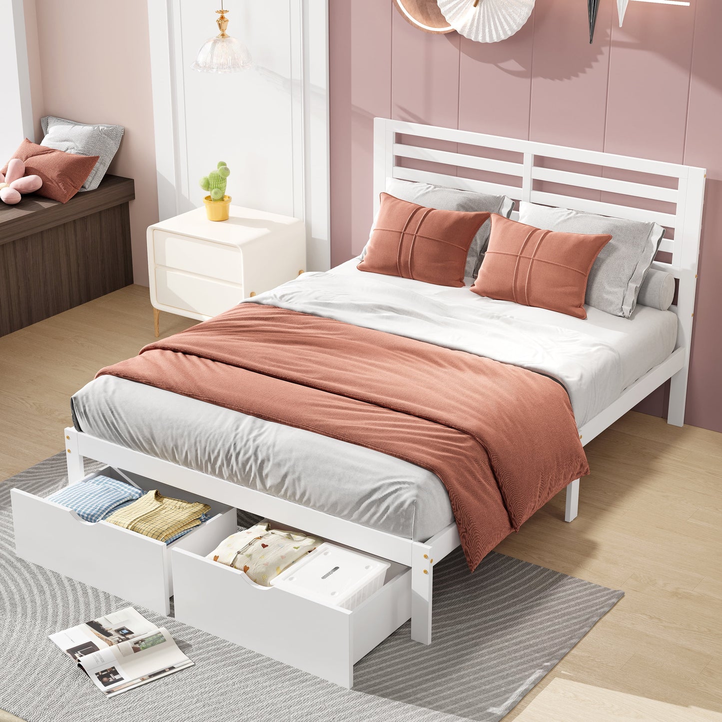 UHOMEPRO Platform Bed Frame Storage Bed with Headboard, Pine Wood Full Bed Frame for Bedroom, Modern Full Size Bed Frame with Drawers, Wood Slats Support, Holds 400 lb, No Box Spring Needed, White