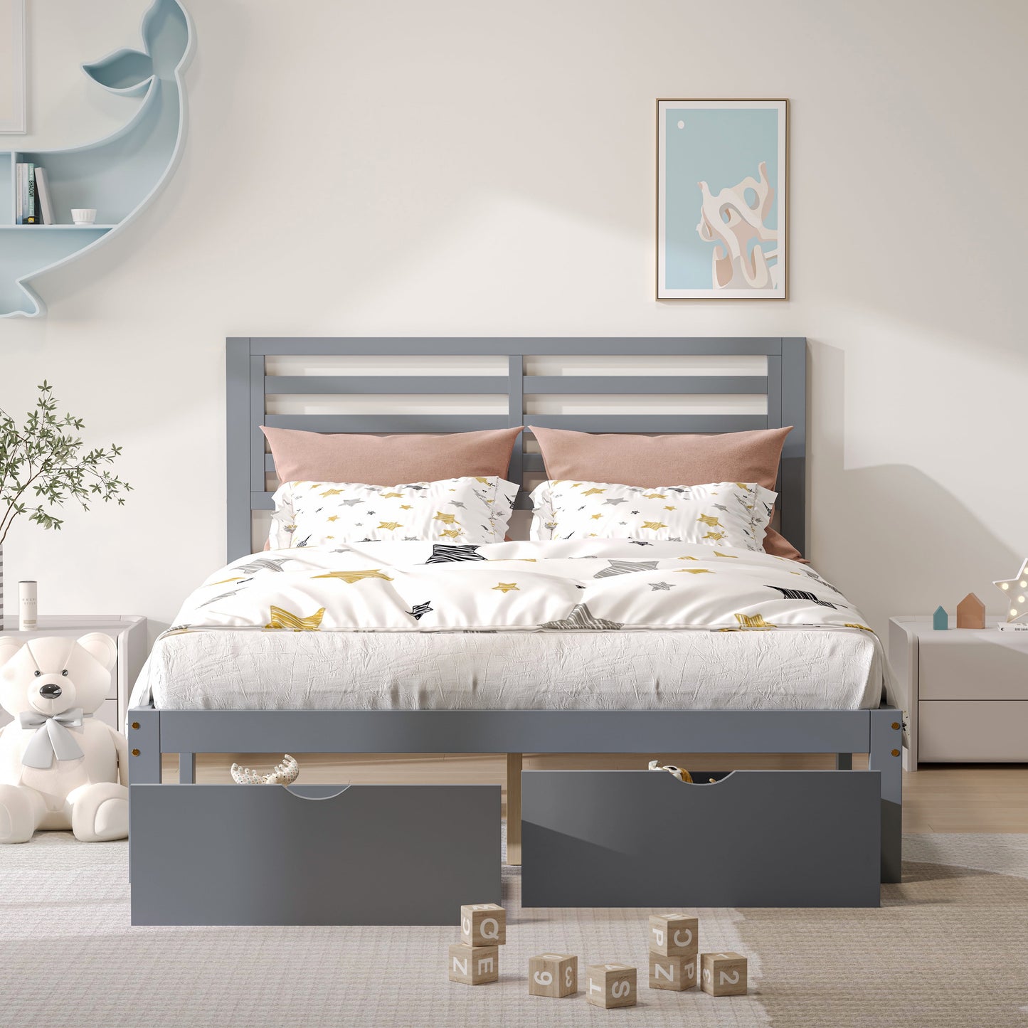UHOMEPRO Platform Bed Frame Storage Bed with Headboard, Pine Wood Full Bed Frame for Bedroom, Modern Full Size Bed Frame with Drawers, Wood Slats Support, Holds 400 lb, No Box Spring Needed, Gray