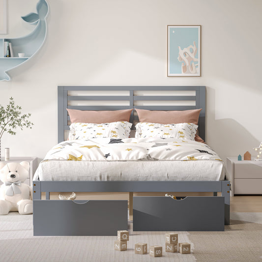 UHOMEPRO Platform Bed Frame Storage Bed with Headboard, Pine Wood Full Bed Frame for Bedroom, Modern Full Size Bed Frame with Drawers, Wood Slats Support, Holds 400 lb, No Box Spring Needed, Gray